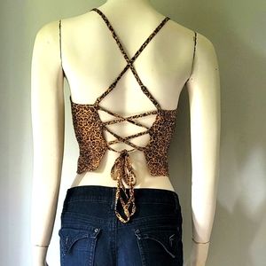 Urban Outfitters Petite Cardi Leopard Print Linen Strappy Tie-Back Crop Top
